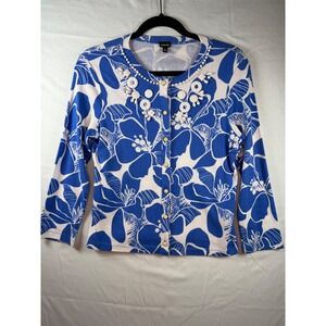 Rafaella Blue White Floral Embellished Button Front Cardigan Sz S Cotton preppy